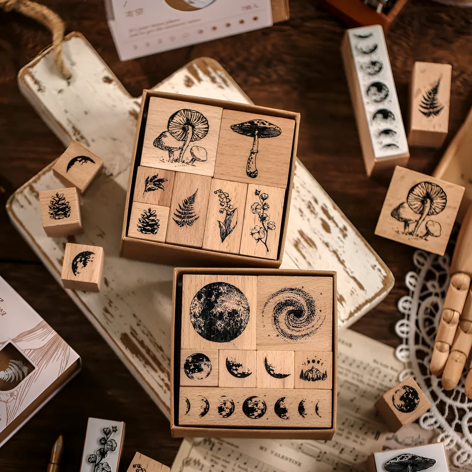 Mr Paper wooden seal stamp set with seven stamps for decorative painting and journal crafts