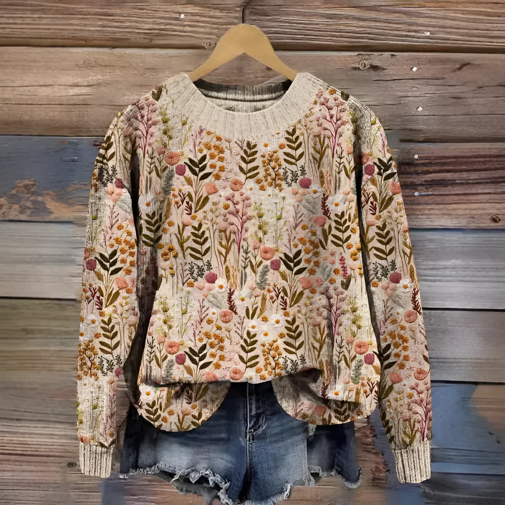 Little Flower digital printed round neck sweater in a floral pattern on a polyester fabric.