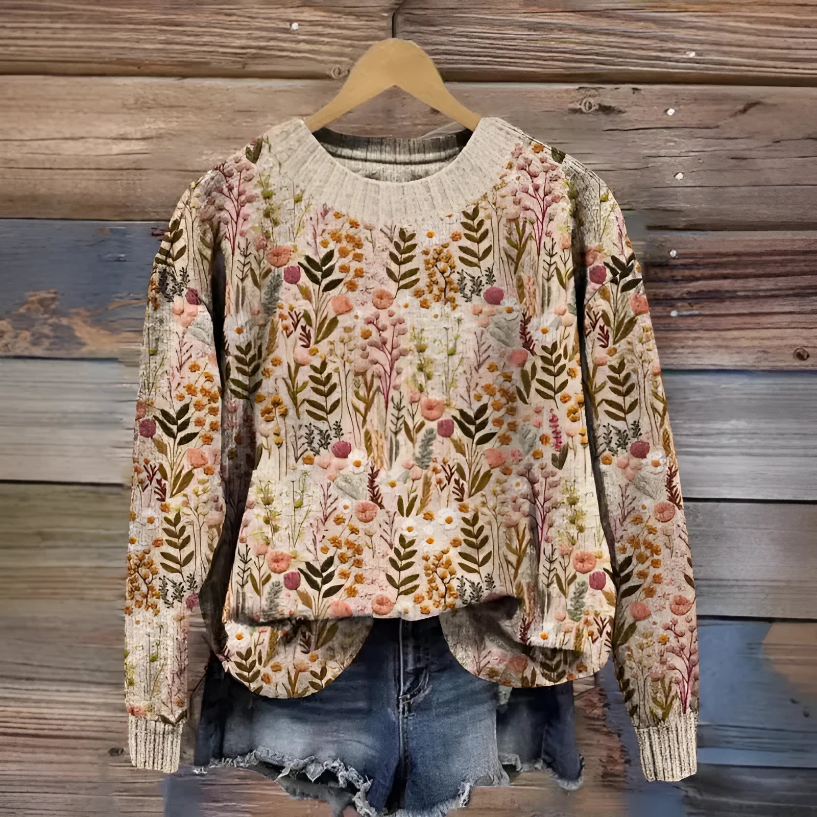 Little Flower digital printed round neck sweater in a floral pattern on a polyester fabric.