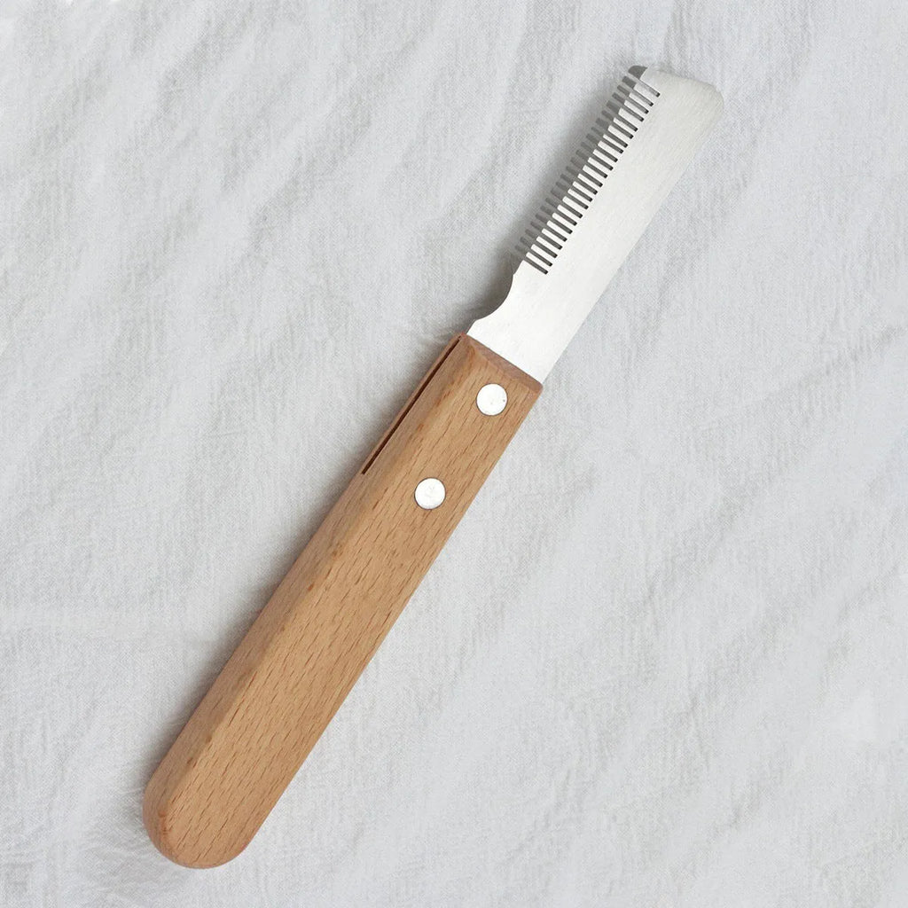 Pet stripping comb with wood handle showing long and short size options for dog and cat grooming