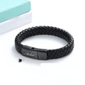 Black leather woven stainless steel casket bracelet with personalised lettering