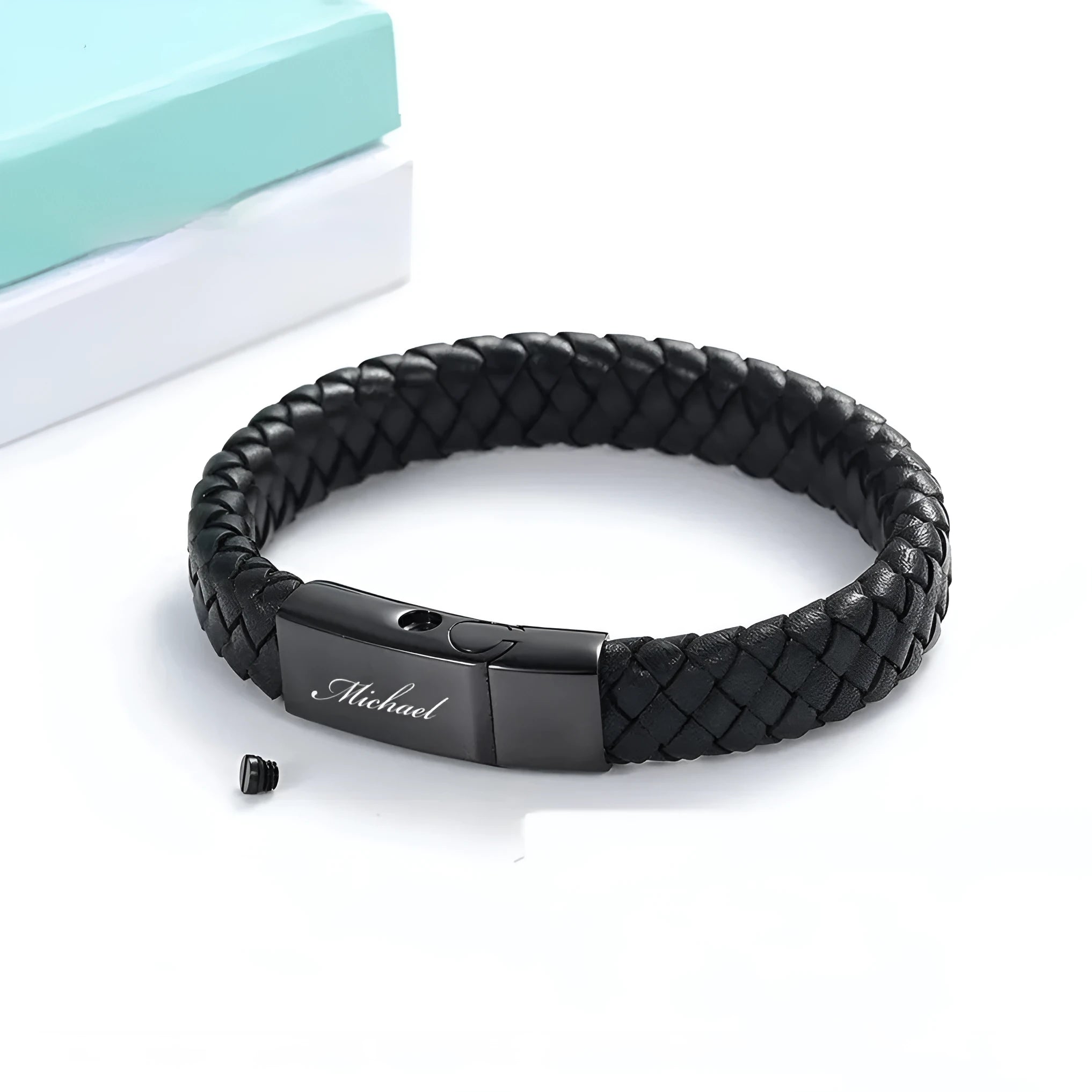 Black leather woven stainless steel casket bracelet with personalised lettering