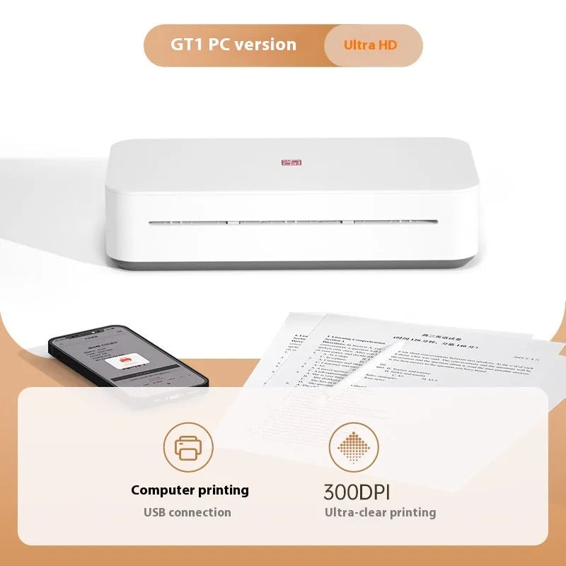 Small intelligent thermal printer with plastic housing, ribbon cartridge, and paper pack for remote learning and home printing.