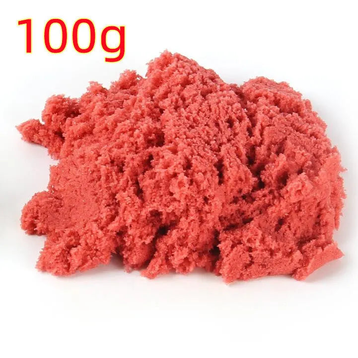Kinetic space sand in multiple colours including blue, green, orange, pink, purple, red, rose, and sand colour in plastic bag packaging