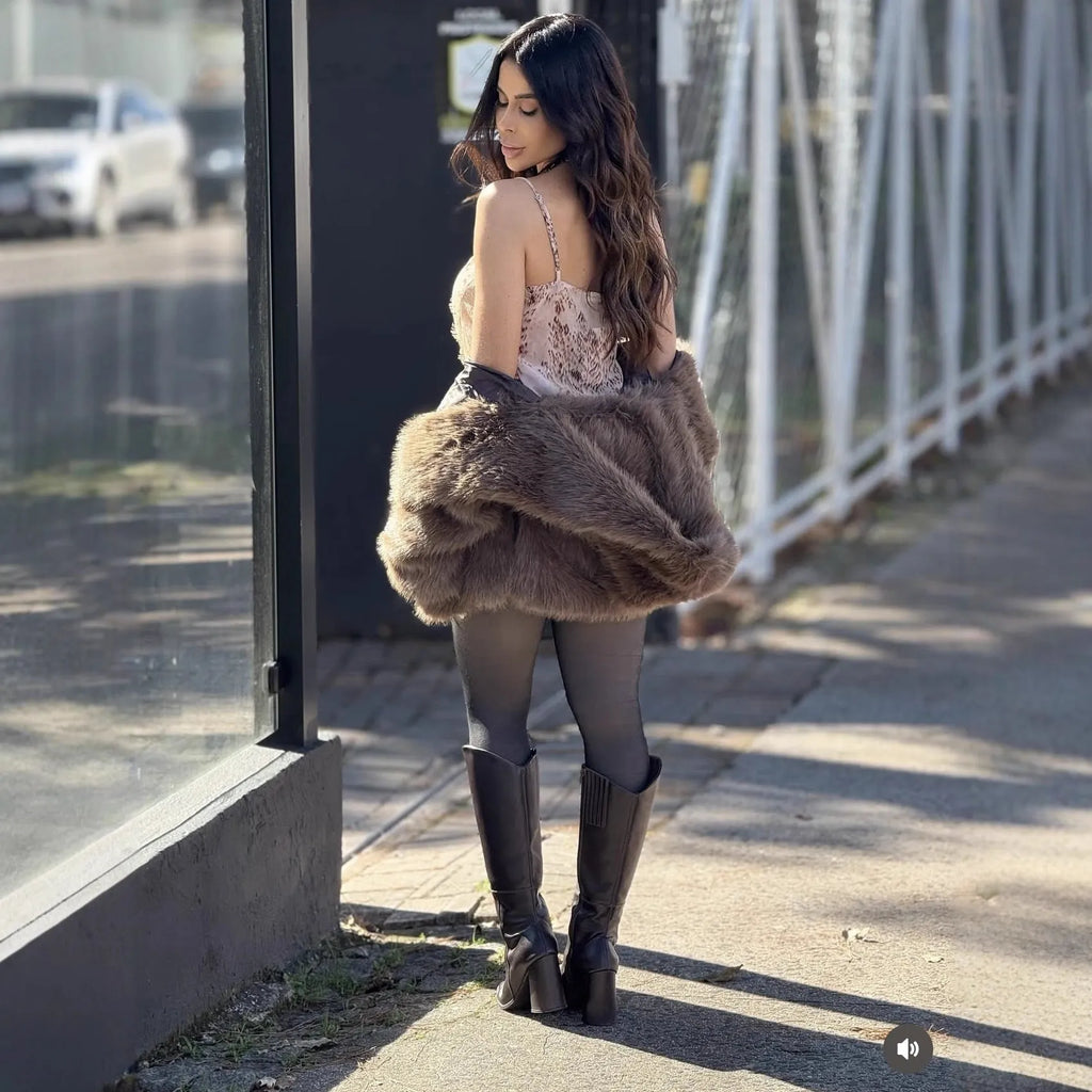 Brown polyester faux fur hooded jacket loose fit street fashion regular length 50cm women's coat