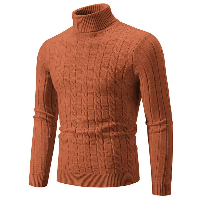 Men's slim fit chenille turtleneck pullover sweater in milky white on a model.
