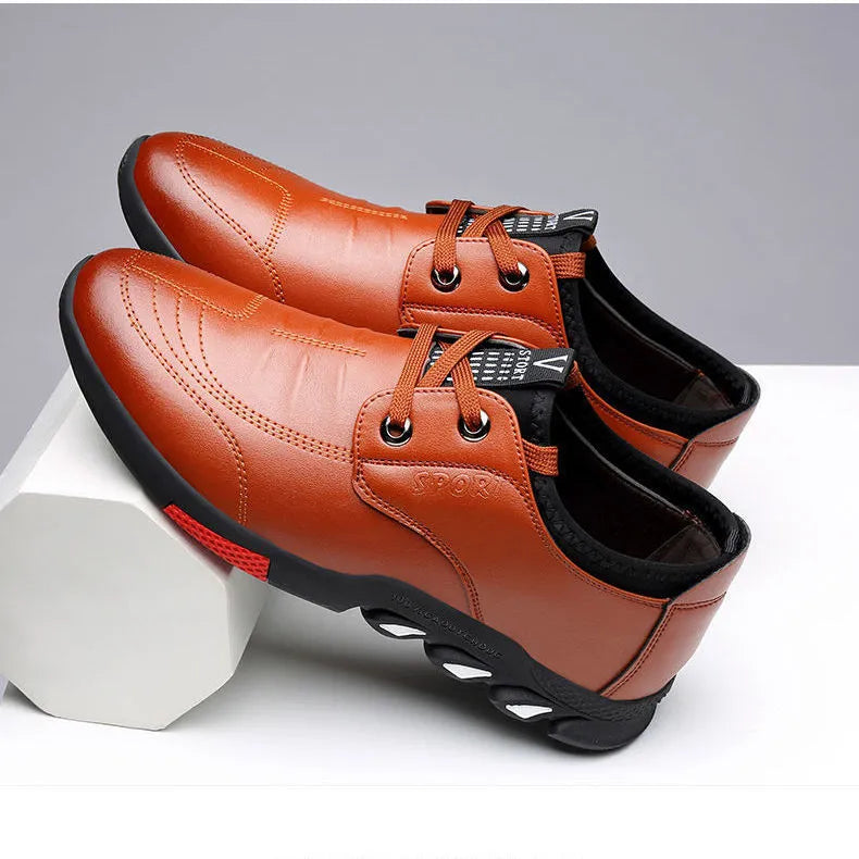 Men's black and brown PU leather shoes with flat heel and plain toe design