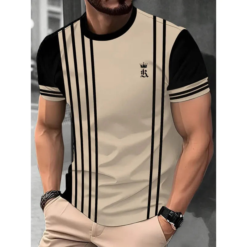 Men's striped short-sleeved t-shirt with digital 3D printing in loose fit polyester