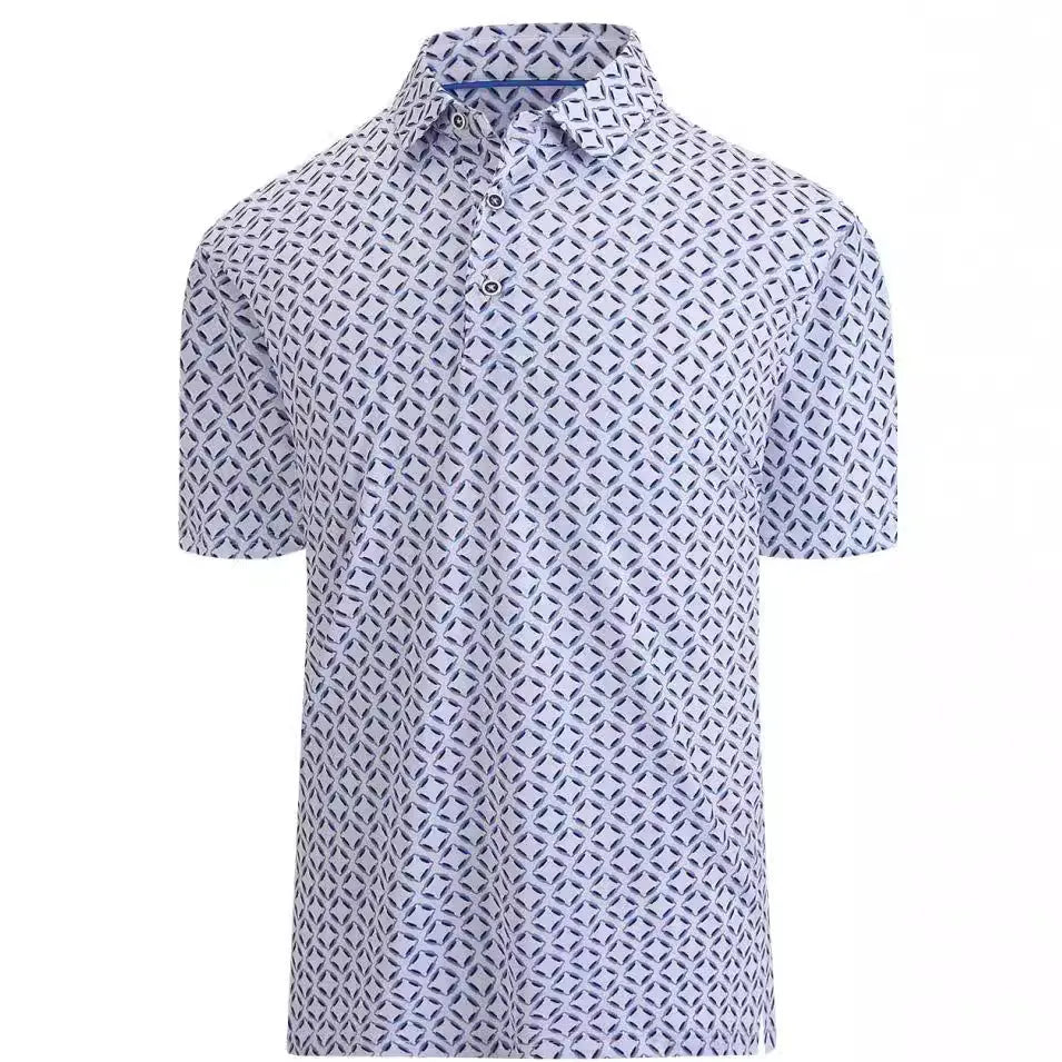 Men's grey short sleeve shirt with 3D printed graphic design and a front zip detail.
