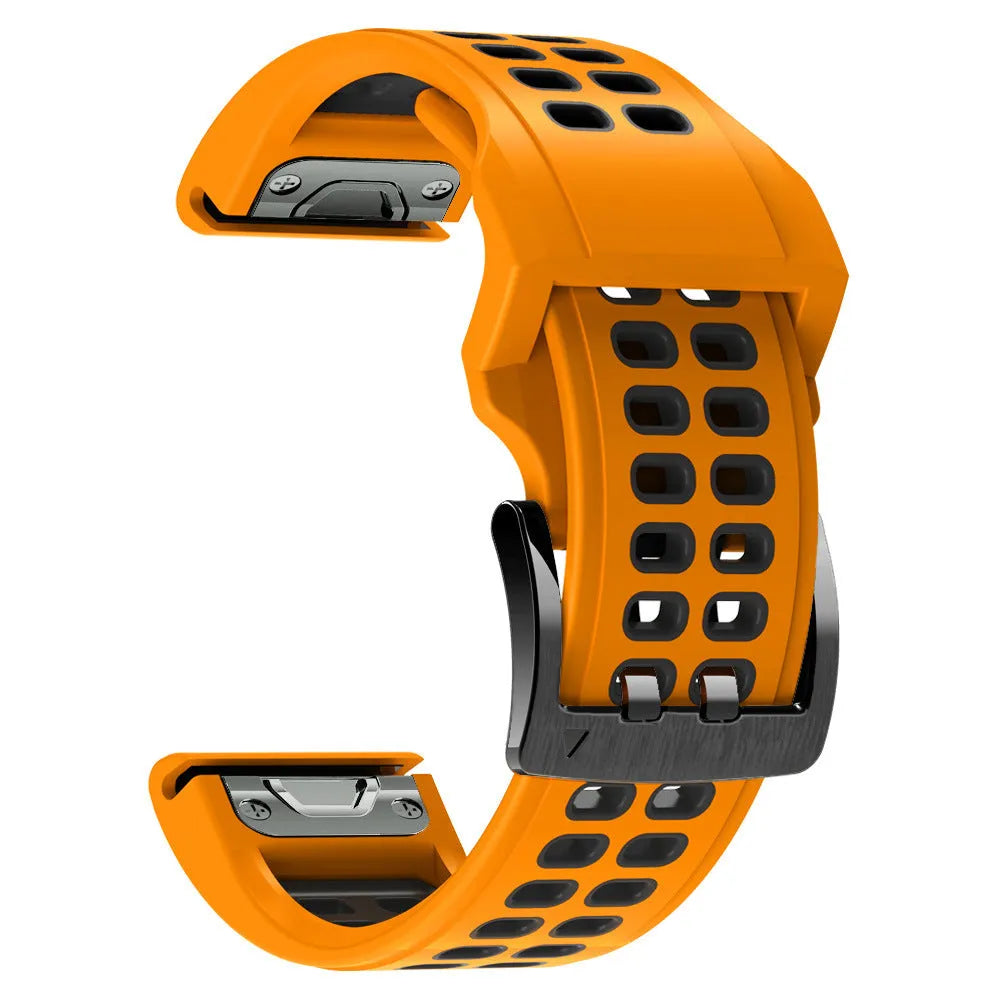 Quick release double row hole silicone watch strap in a two-tone colour on a watch.