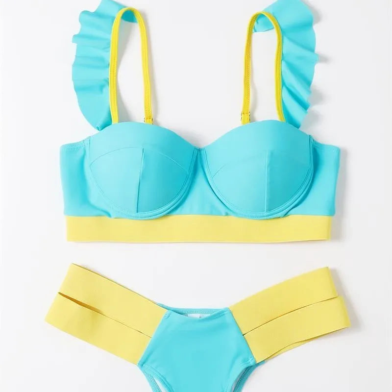 Women's contrasting colour bikini swimsuit with steel bracket push-up board in multiple colour options