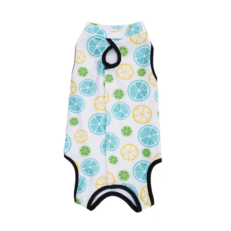 Colourful cat sterilisation recovery suit with Velcro fastening, a post-operative protective bodysuit.