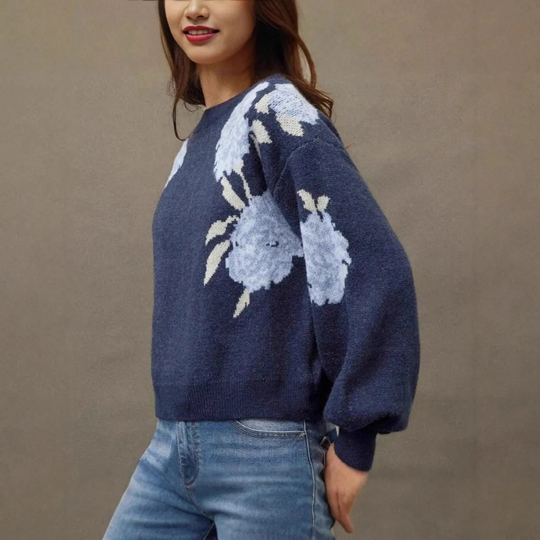 Sapphire blue women's off-neck pullover with floral jacquard pattern and loose casual fit