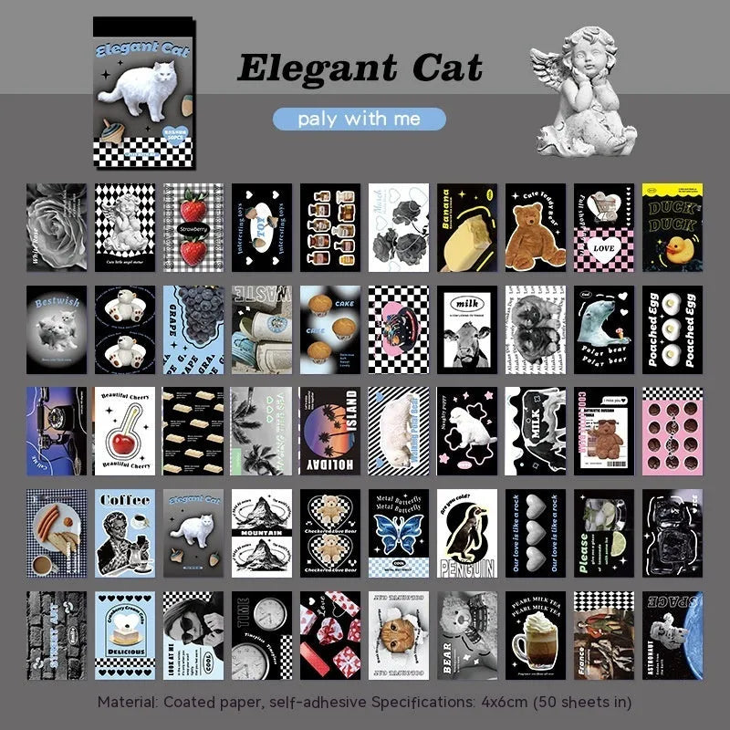 American retro cartoon sticker book open to show 4x6cm sheets in various colours including pink and black.