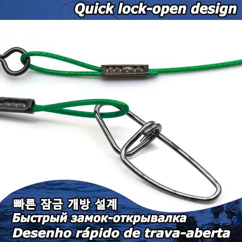 Steel wire fishing double buckle pin accessories in green, black, and red colours
