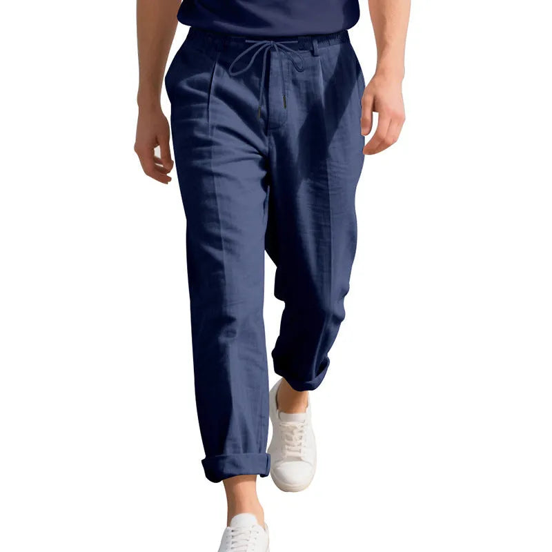 Men's linen casual trousers in loose straight fit with drawstring waist in various colours