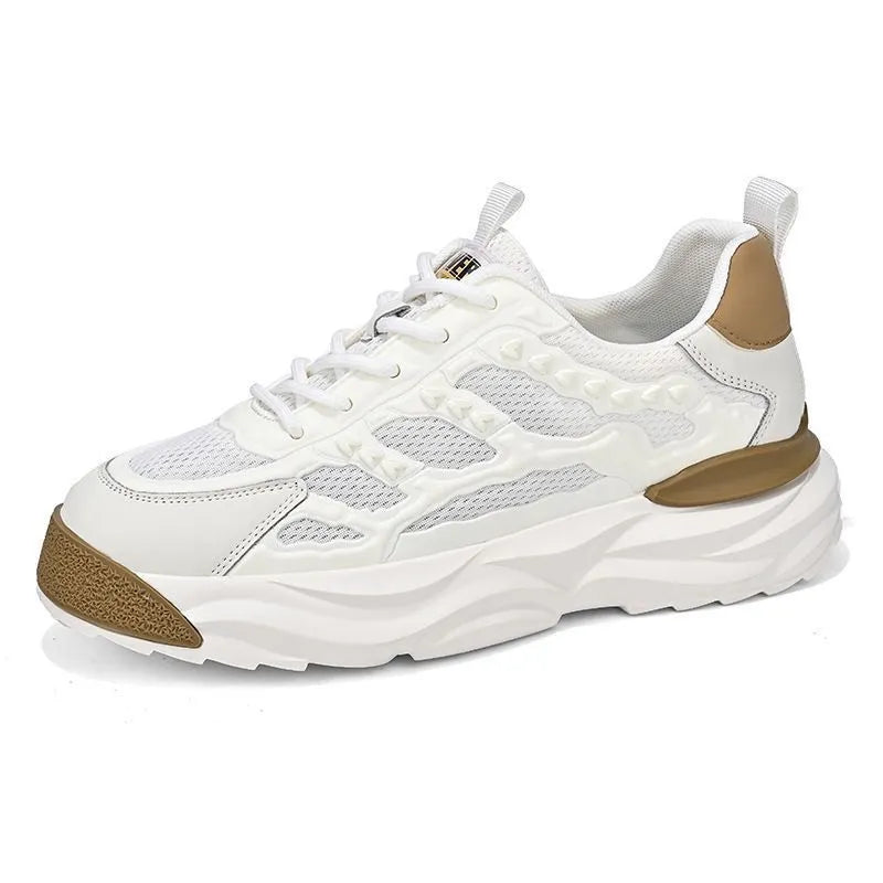 Men's white and black breathable mesh shoes with round toe design for leisure wear