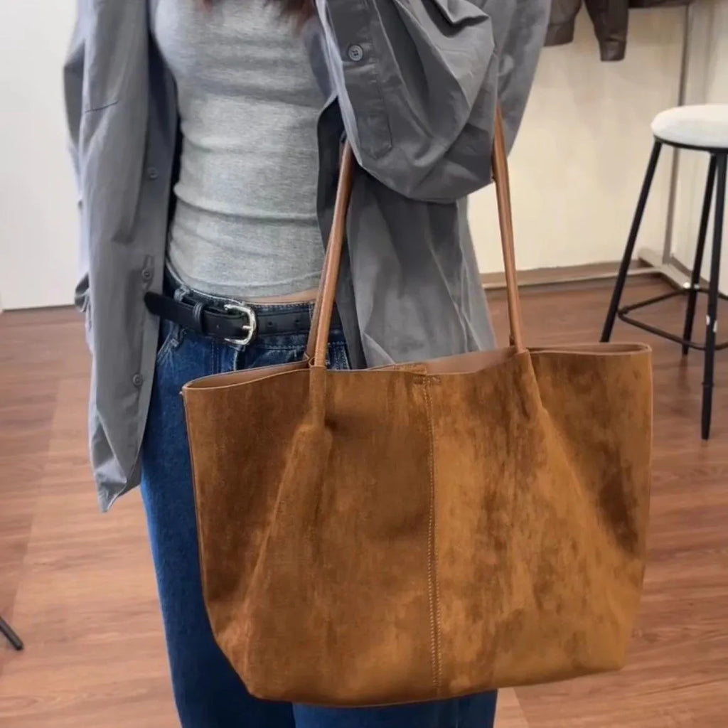 Coffee colour PU retro large capacity commuter tote bag with double straps and document pocket