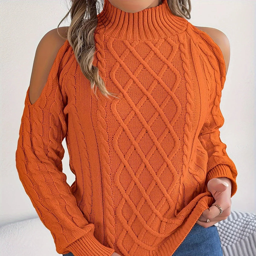 Women's strapless sweater with twisted pattern, half-high collar and lantern sleeves in acrylic fabric