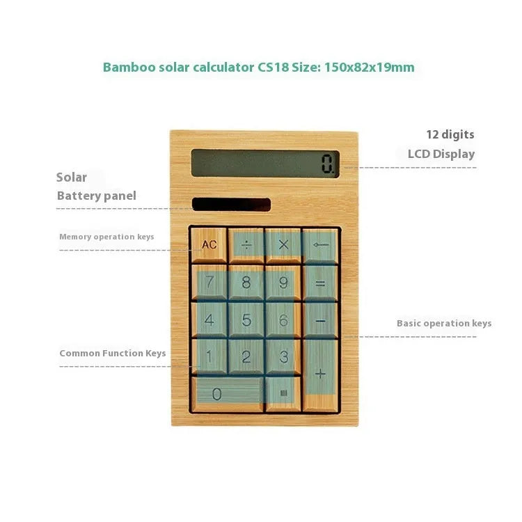 Solar-powered bamboo calculator in CS18 flat plate style on a desk, with solar panel visible