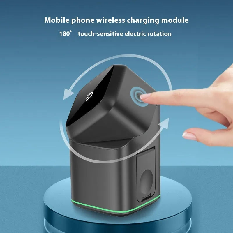 Black mobile phone magnetic wireless charging stand showing 180-degree rotation adjustment with Type-C cable