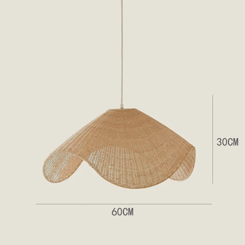 Handmade natural bamboo rattan chandelier with woven willow shade and warm LED light.