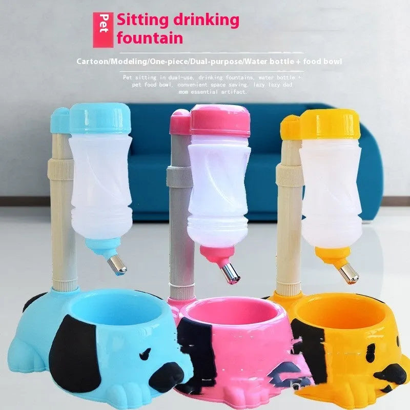 Adjustable rod-lift pet drinking bowl in blue, shown at an elevated height.
