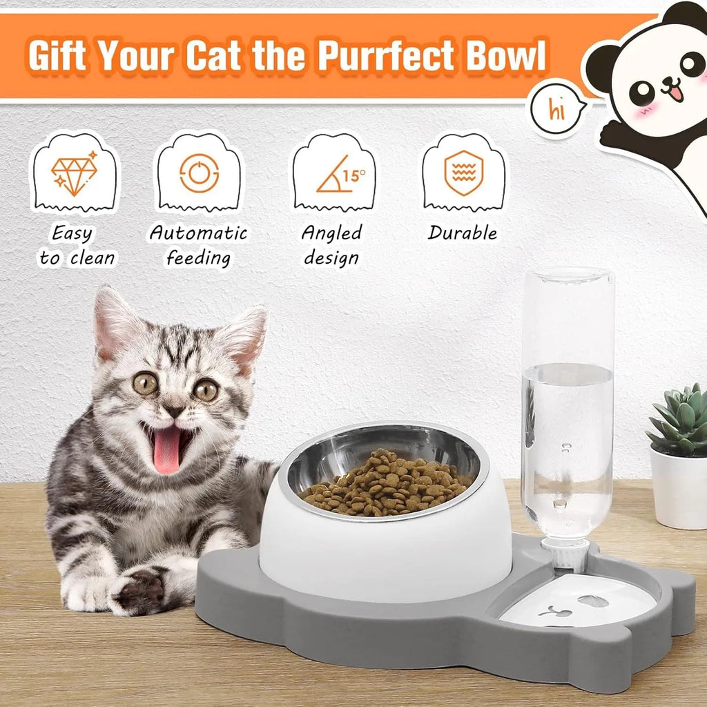 Grey panda-shaped automatic pet water dispenser and tilted food bowl set on a table.