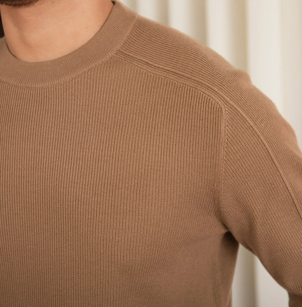 Men's slim-fit retro casual knitted bottoming shirt in camel colour, soft fabric blend available in multiple sizes