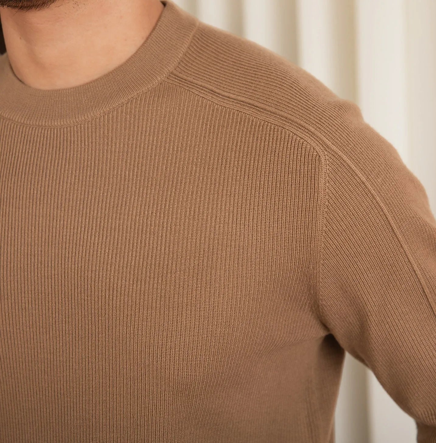 Men's slim-fit retro casual knitted bottoming shirt in camel colour, soft fabric blend available in multiple sizes