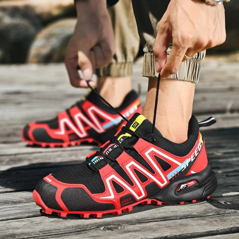 Men's outdoor casual lightweight breathable shoes, synthetic leather upper, low-top, flat heel, available in black red