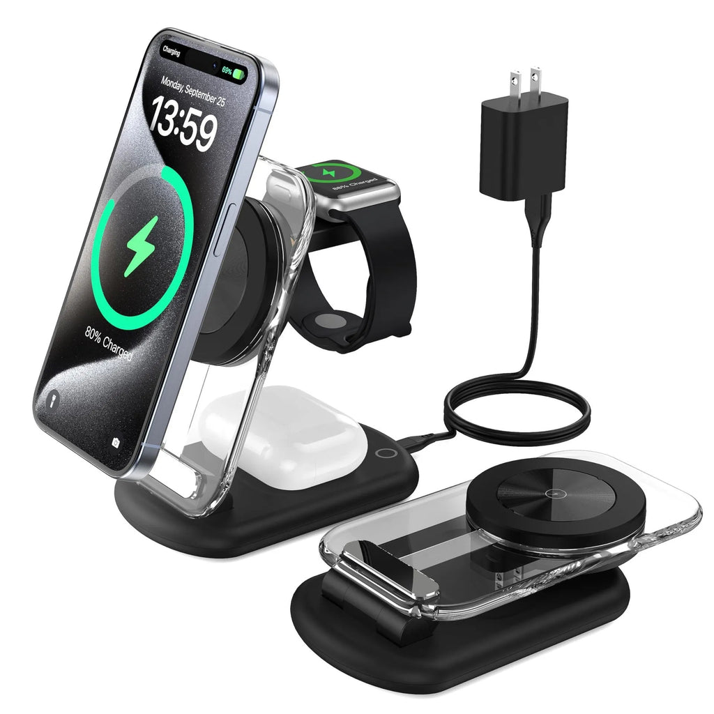 Transparent folding three-device magnetic wireless charger showing internal components