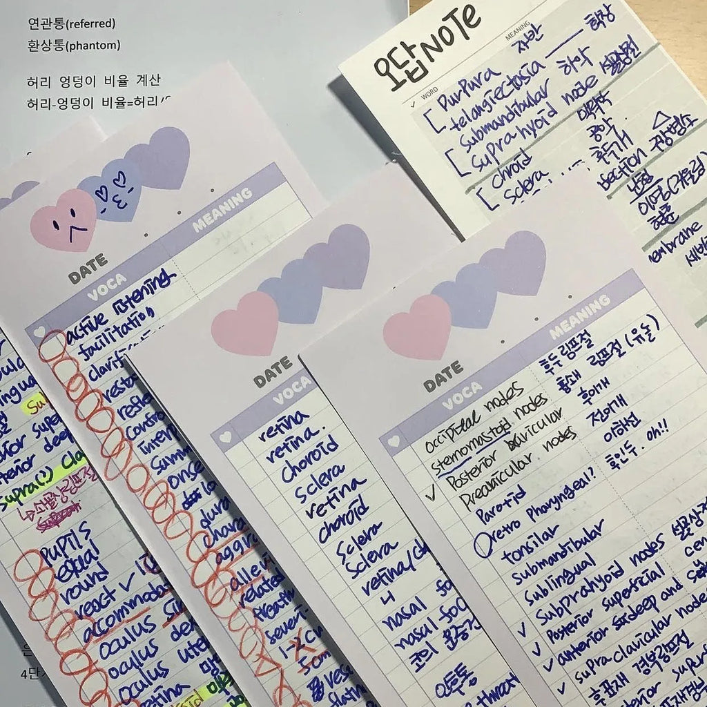Vertical double-sided English words notepad in B5 half size with pink, purple and blue colour options