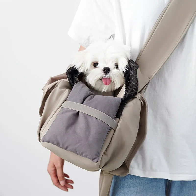Apricot cloth pet summer breathable handbag carrier measuring 41cm by 16cm by 28cm