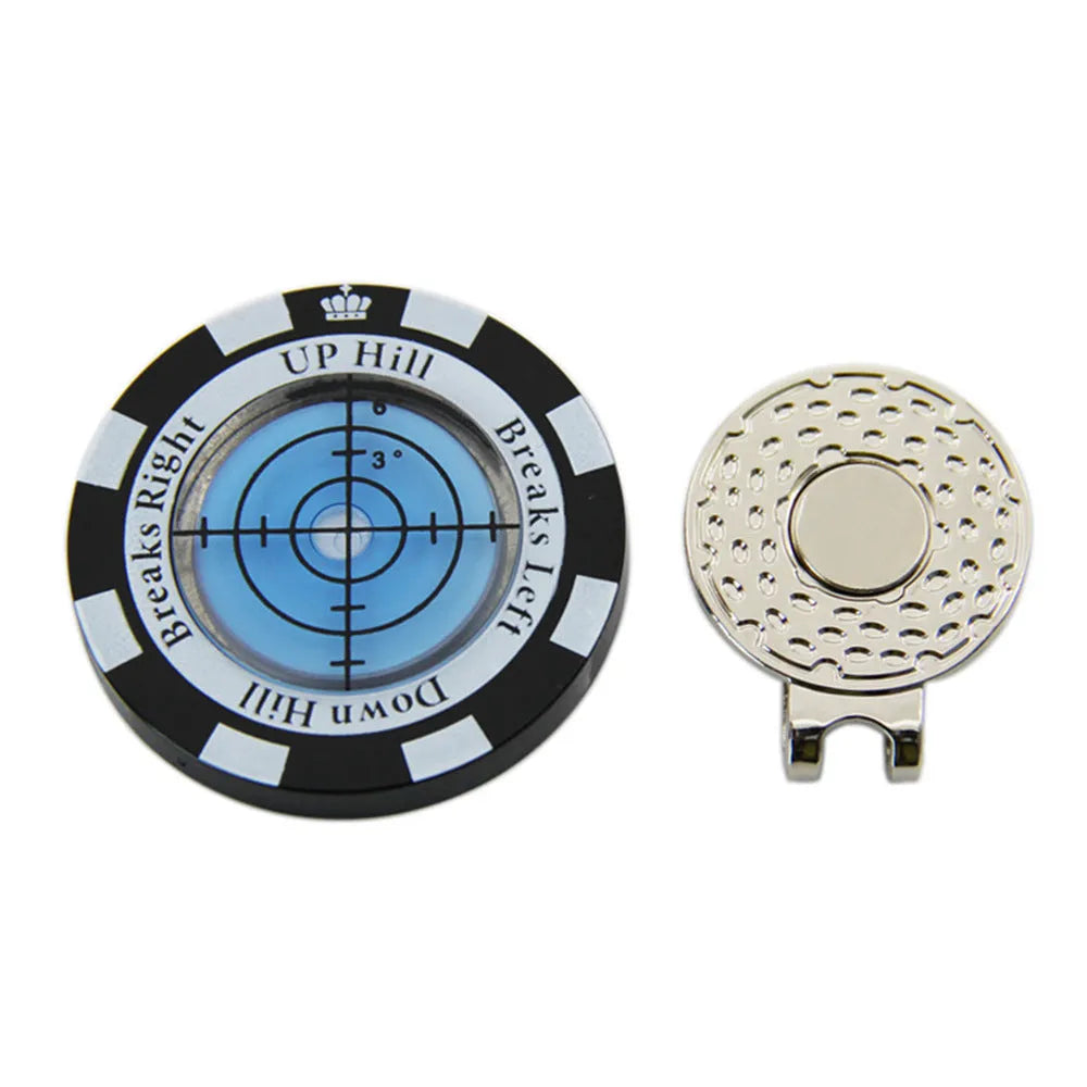 Golf level hat clip measurement device with green position markers for score tracking