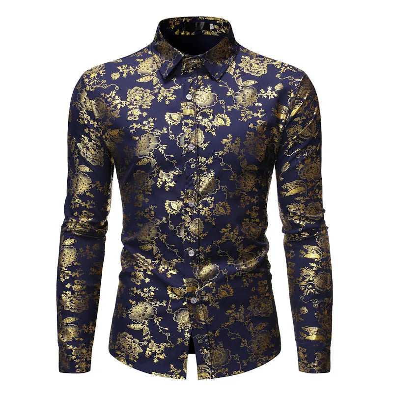 Men's long sleeve lapel shirt with metal bronzing digital print in Wine Red, black, blue, or white