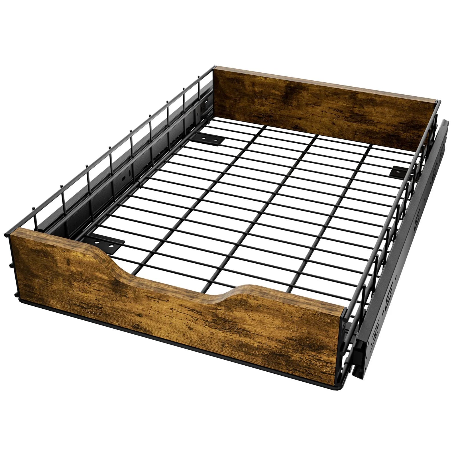 Black pull-out storage basket made of wood and iron with scalable design for kitchen organisation