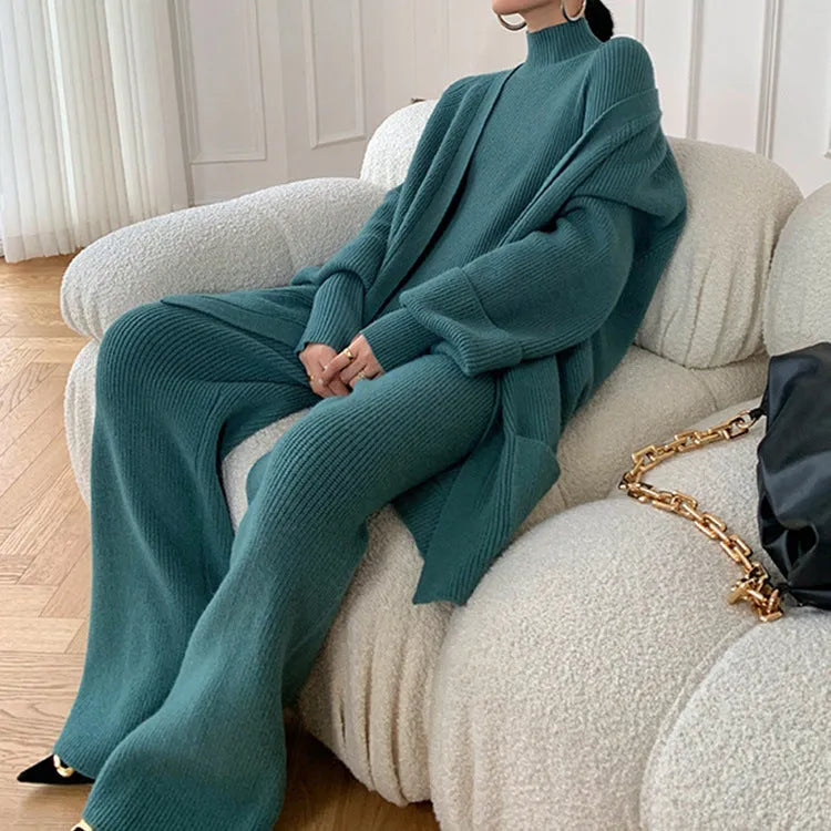 Women's knitted polyester three-piece set with cardigan, sweater, and wide-leg pants featuring leather stitching trim