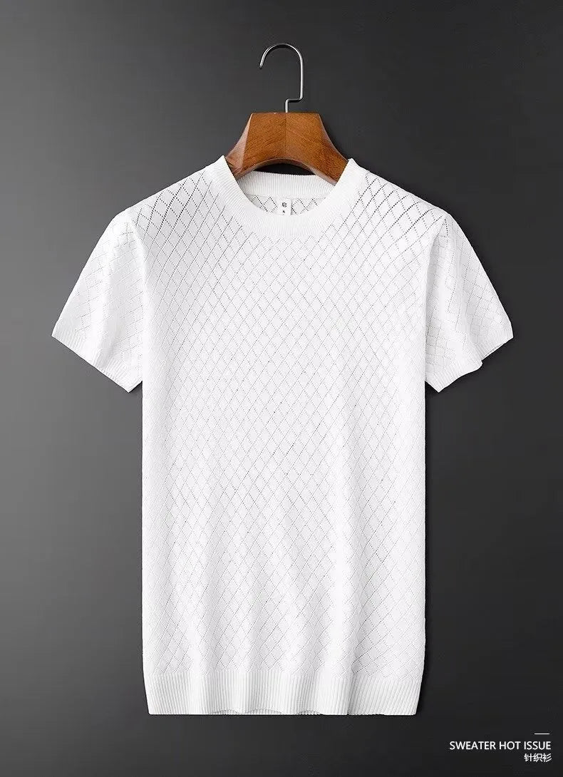 Men's Korean style ice silk t-shirt in black or white with V-neck or round neck options