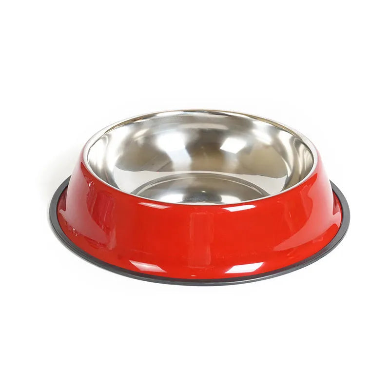 Stainless steel pet bowl with colourful melamine outer pot and non-slip rubber base