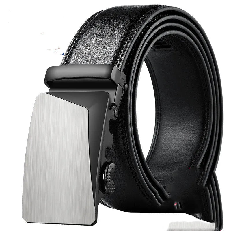Men's leather belt with automatic buckle, cowhide body, 3.5cm width, black surface finish, size 115cm