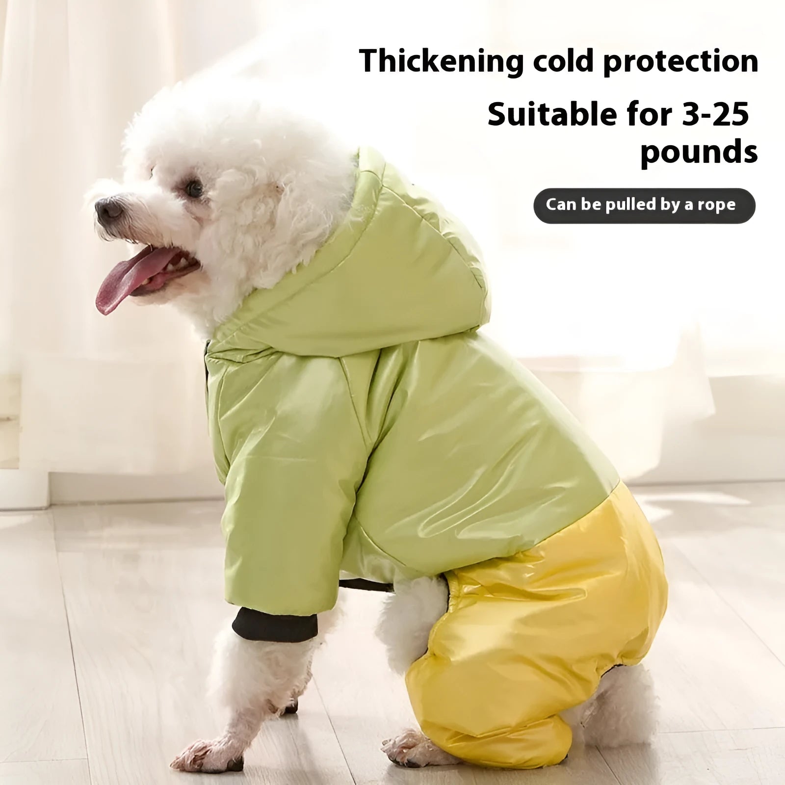 Green four-legged waterproof dog coat on a pet, showing full coverage and casual style.