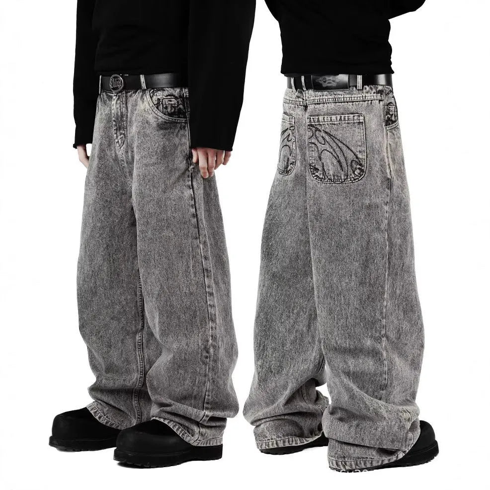 Grey loose straight-leg denim trousers for men and women with cotton fabric and mid waist