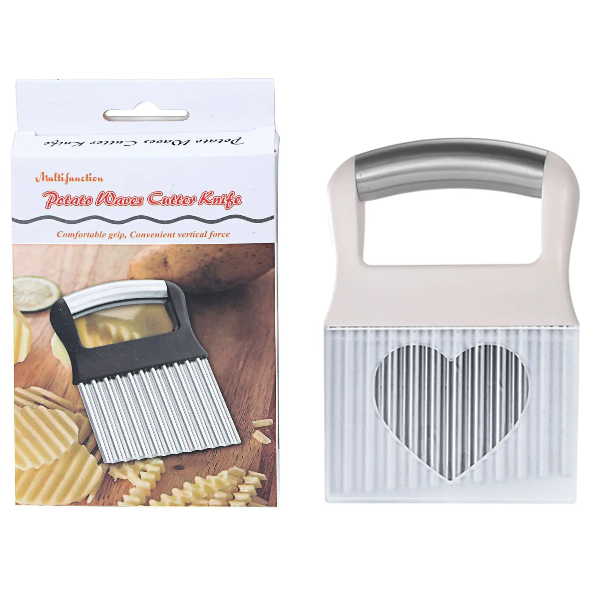 Stainless steel potato wave knife for cutting crinkle chips, shown in black on a kitchen surface.