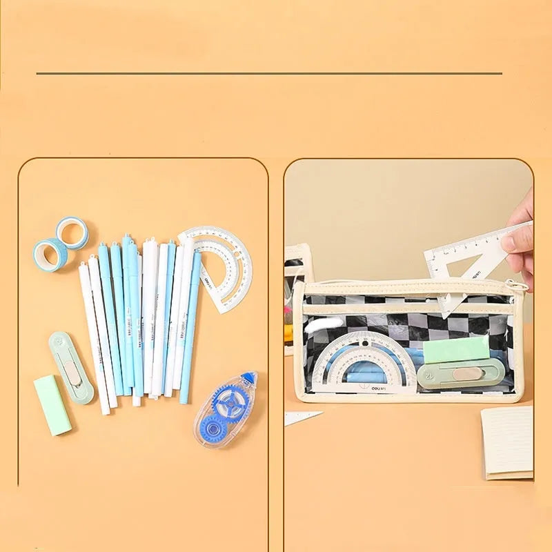 Transparent PVC pencil case with chessboard grid pattern, dimensions 21.5 x 8 x 11.5 cm
