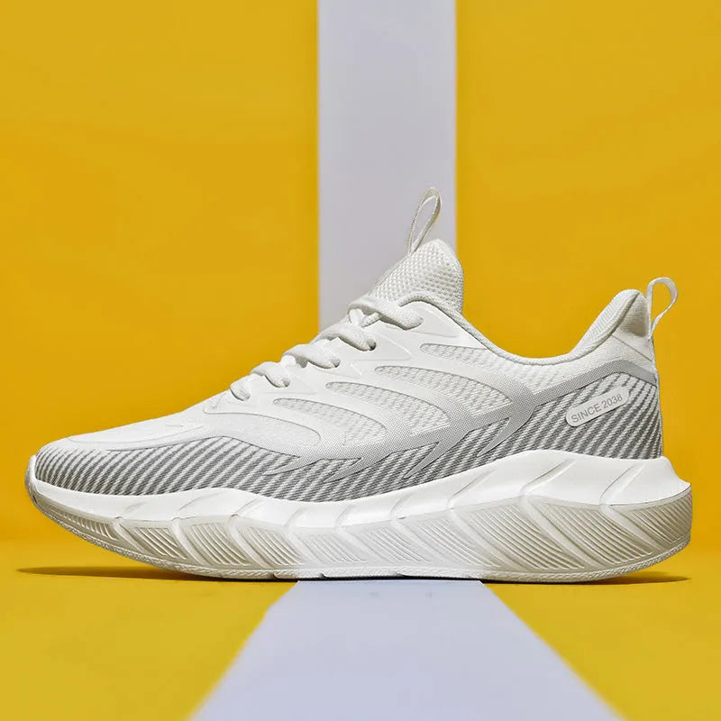 Men's low-top platform running sneakers with hollow-out synthetic leather upper and non-slip rubber sole in dark night black