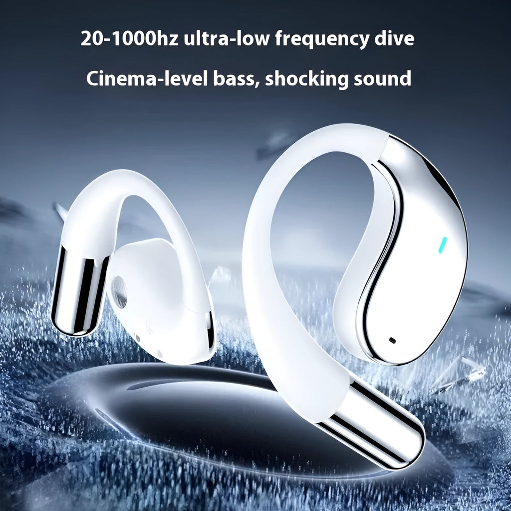 Black sports Bluetooth earphones with digital display screen and ear-mounted design