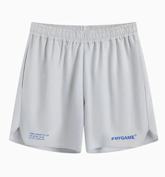 Men's grey quick-dry fitness training shorts made from polyester and spandex fabric.