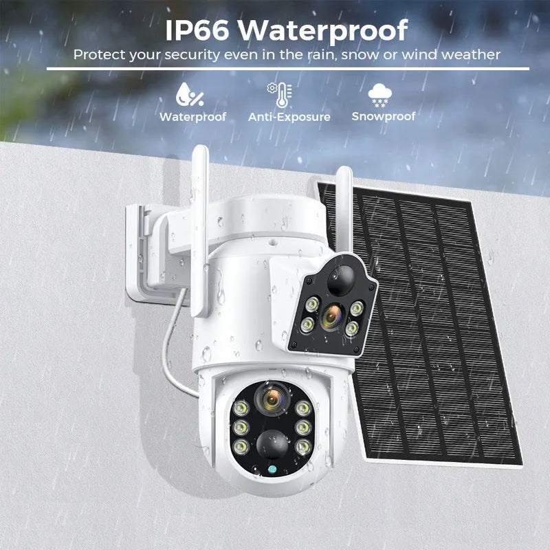 Outdoor solar-powered wireless security camera with solar panel and 4MP resolution