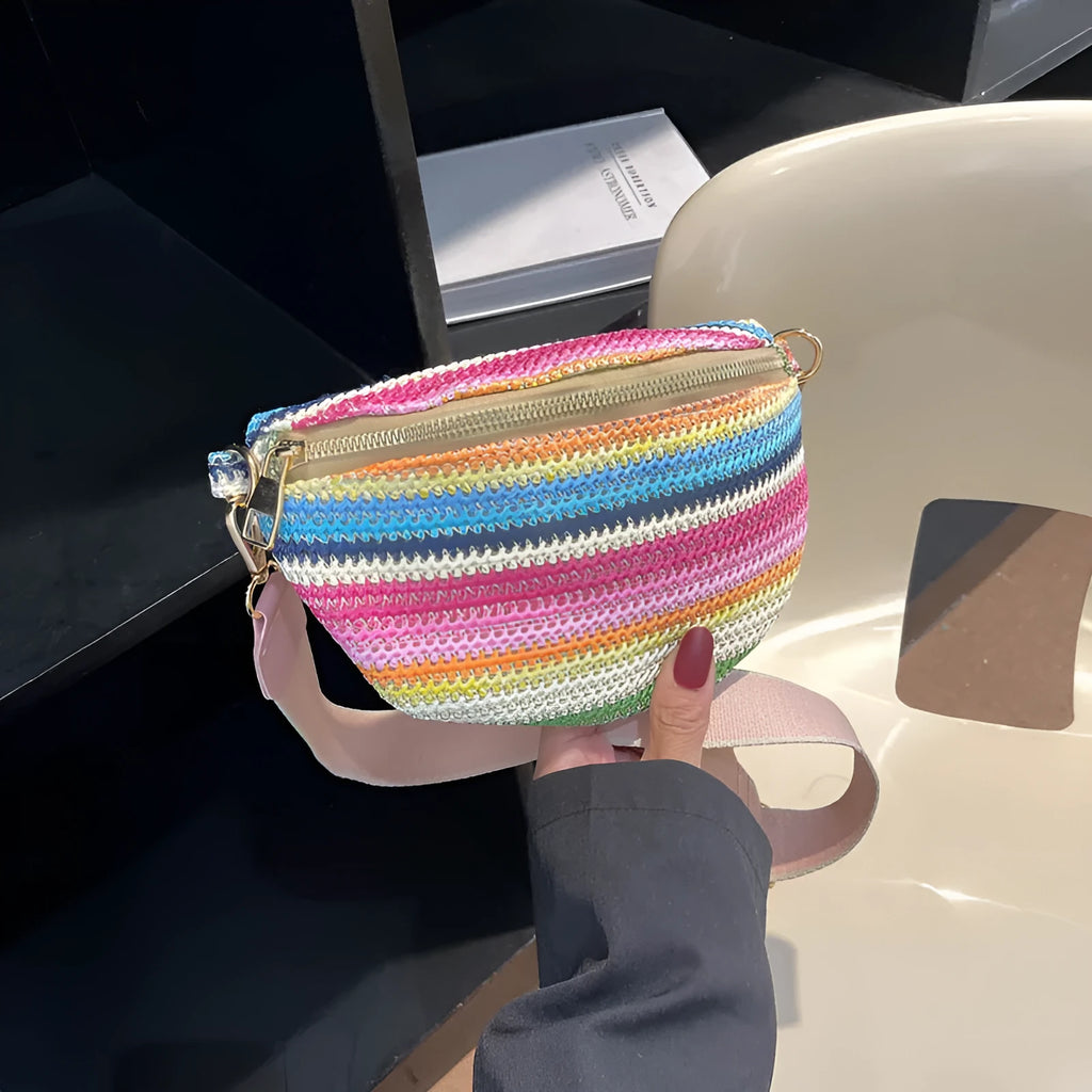 Blue straw woven beach shoulder bag with shell shape and single strap